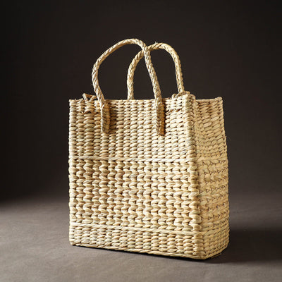 Beige - Handcrafted Natural Water Reed Embroidered Shopping Bag