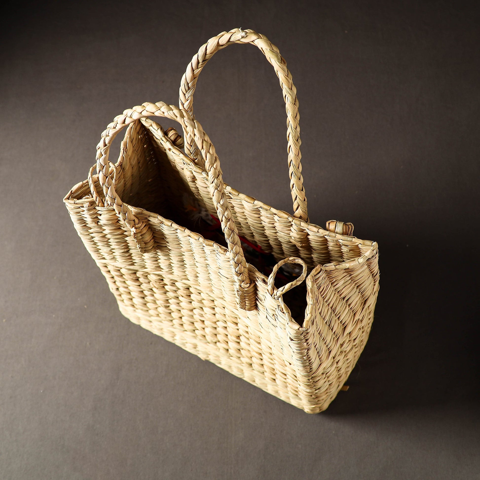 Beige - Handcrafted Natural Water Reed Embroidered Shopping Bag