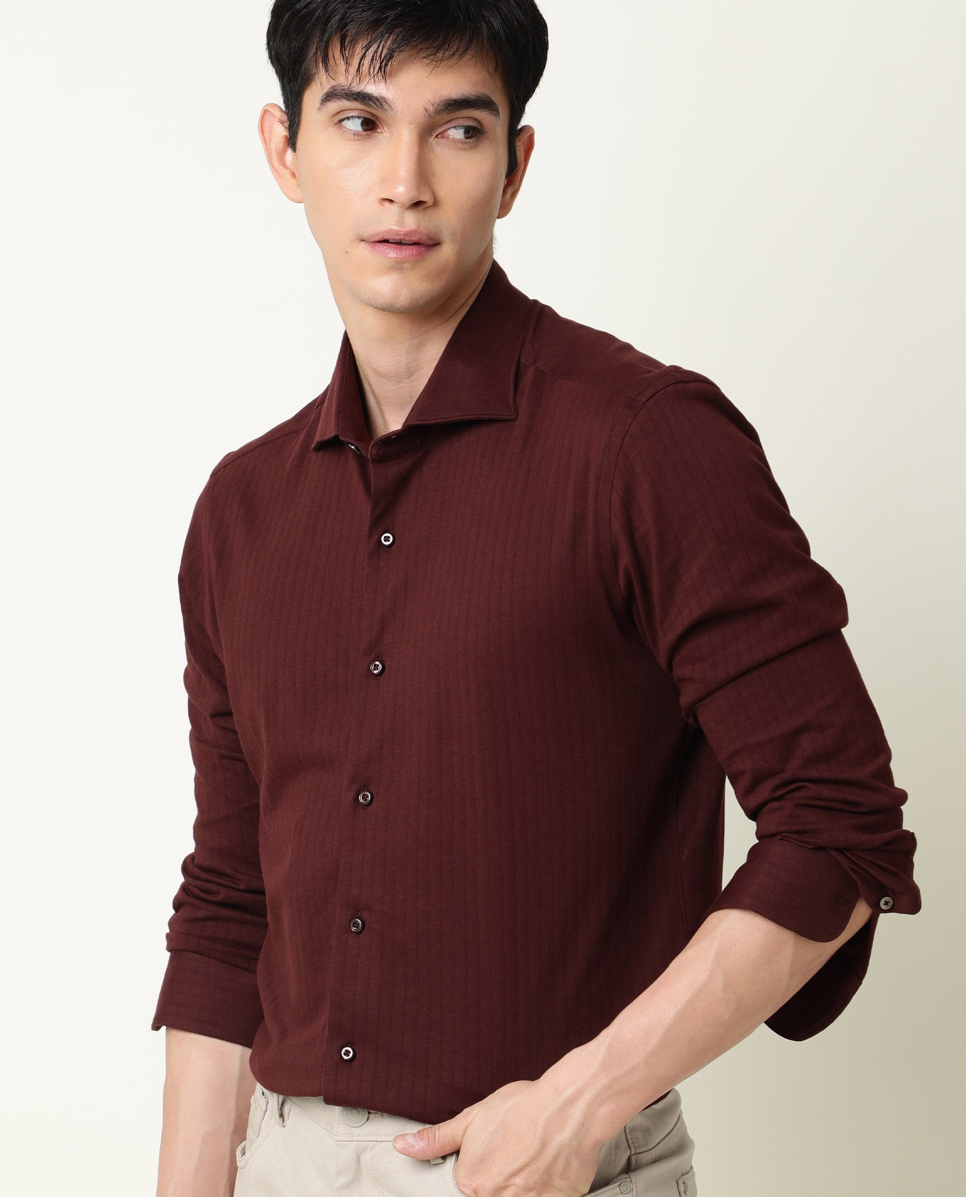 Rare Rabbit Men's Vertical Maroon Cotton Fabric Full Sleeves Striped Shirt