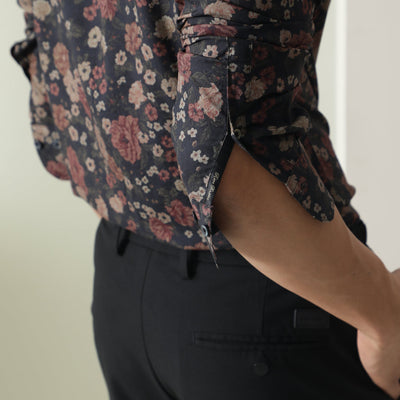 Rare Rabbit Mens Vynil Blue Viscose Fabric Full Sleeves Floral Print Shirt