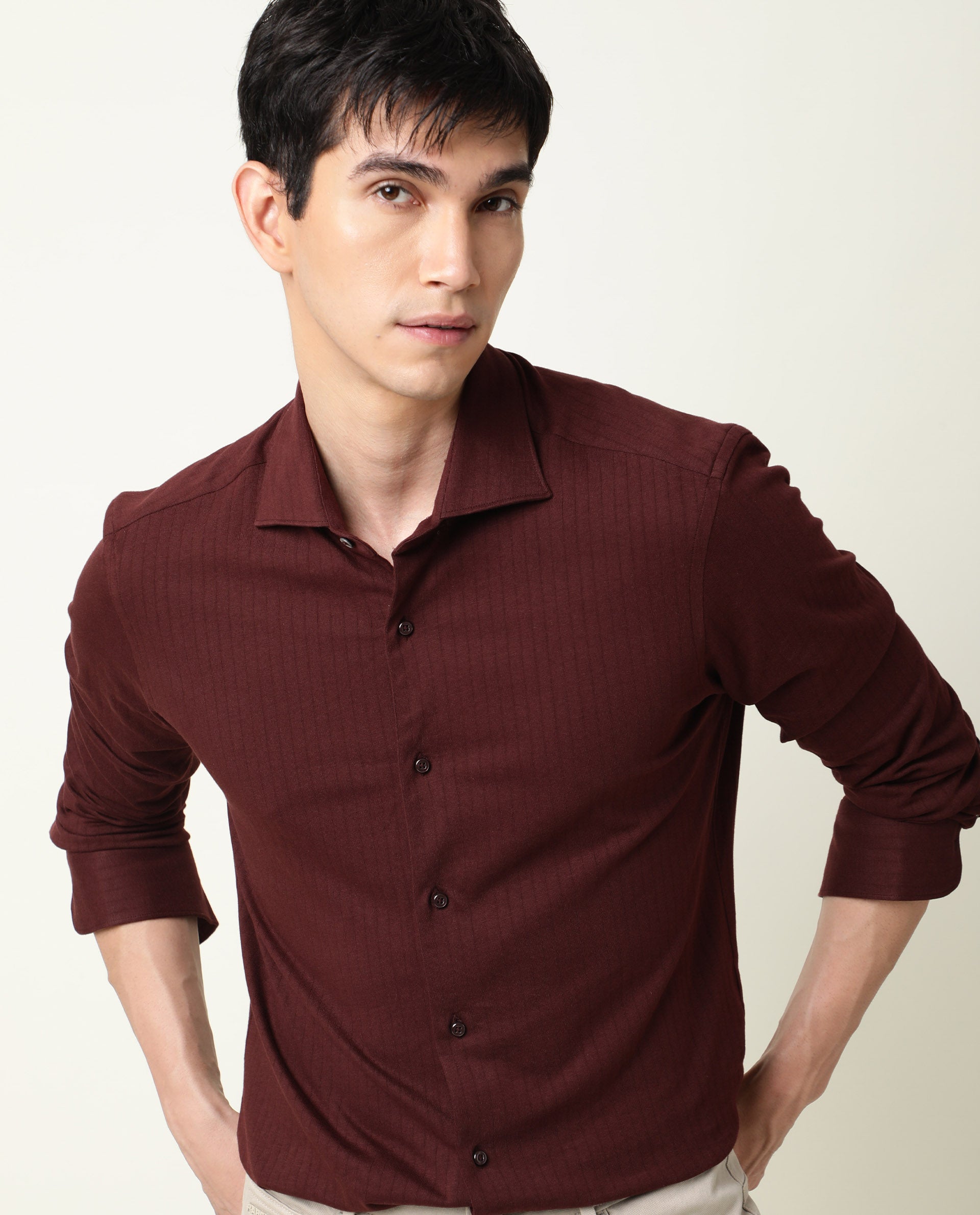 Rare Rabbit Men's Vertical Maroon Cotton Fabric Full Sleeves Striped Shirt