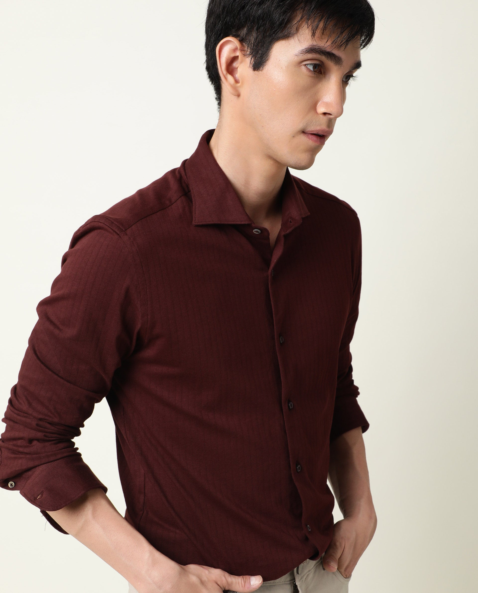 Rare Rabbit Men's Vertical Maroon Cotton Fabric Full Sleeves Striped Shirt