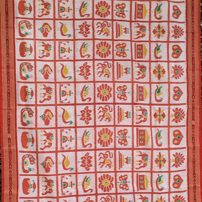 White Red Nabakothi Theme Odisha Ikat Khandua Silk Saree