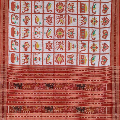 White Red Nabakothi Theme Odisha Ikat Khandua Silk Saree