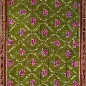 Moss Green Flower Motif Odisha Ikat Khandua Silk Saree