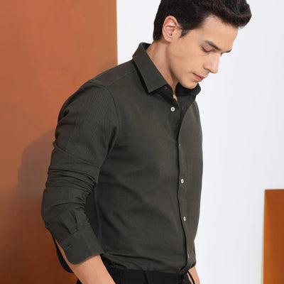 Rare Rabbit Mens Otago Olive Cotton Fabric Full Sleeves Regular Fit Solid Twill Shirt
