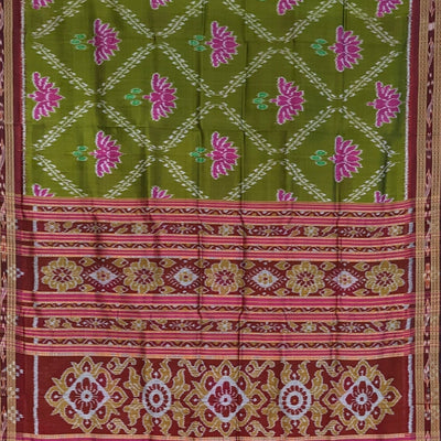 Moss Green Flower Motif Odisha Ikat Khandua Silk Saree