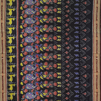 Black Deer And Peacock Odisha Ikat Khandua Silk Saree