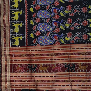 Black Deer And Peacock Odisha Ikat Khandua Silk Saree