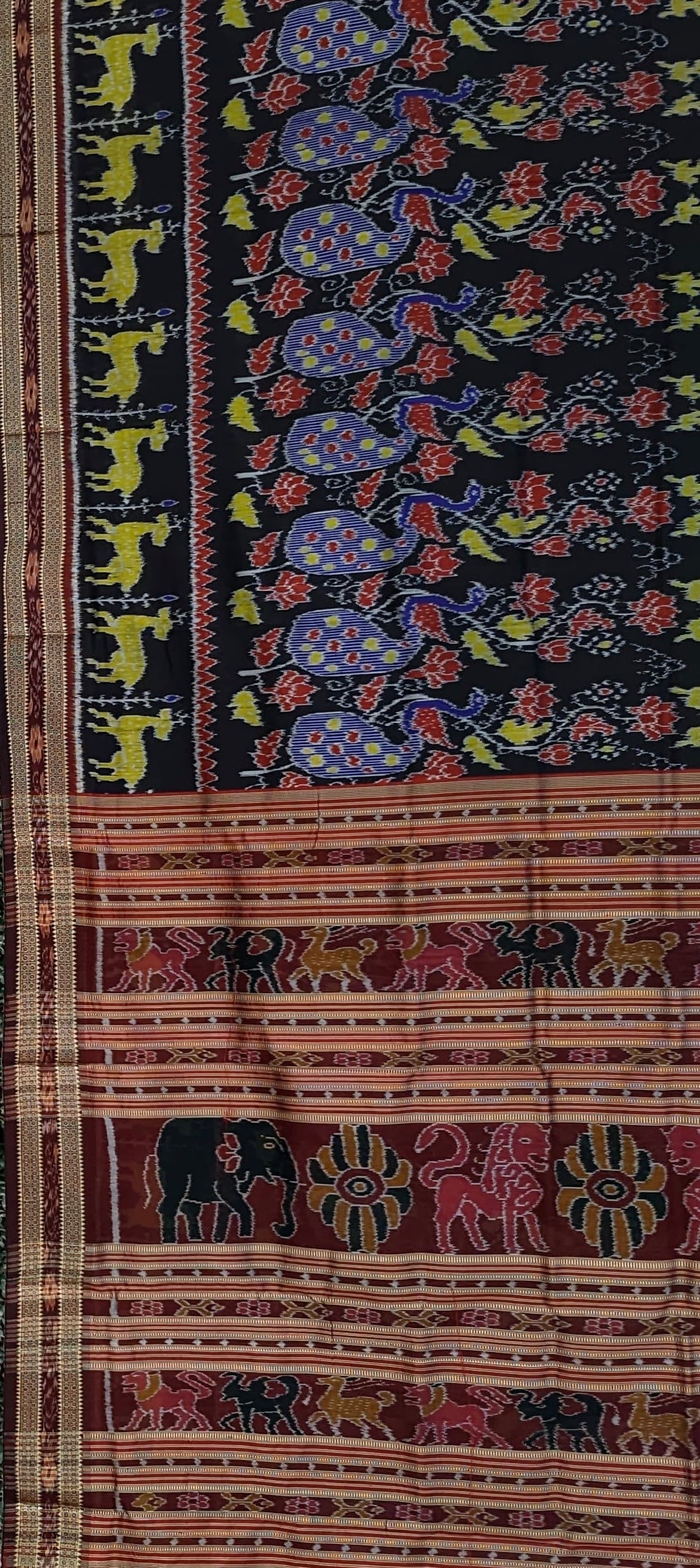 Black Deer And Peacock Odisha Ikat Khandua Silk Saree