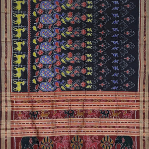 Black Deer And Peacock Odisha Ikat Khandua Silk Saree