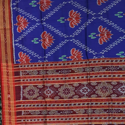 Navy Blue Flower Motif Odisha Ikat Khandua Silk Saree
