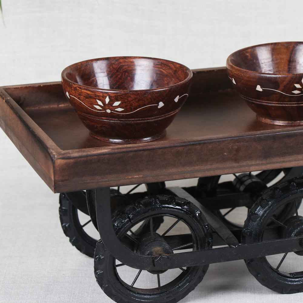 Brown - Serving Cart with 2 Bowls Handcrafted with Mango Wood