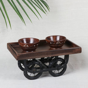 Brown - Serving Cart with 2 Bowls Handcrafted with Mango Wood