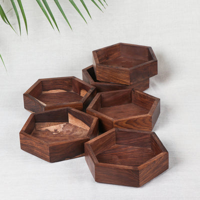 Brown - Multipurpose Boxes (Set of 6) - Handcrafted with Sheesham Wood