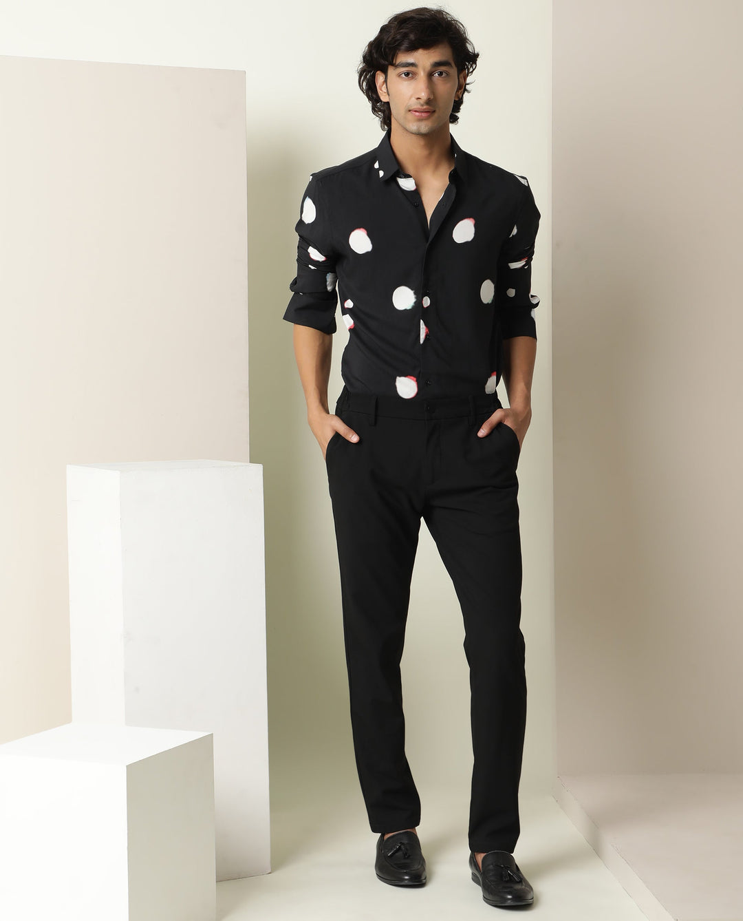 Rare Rabbit Men's Jive Black Viscose Fabric Polka Print Full Sleeves Shirt