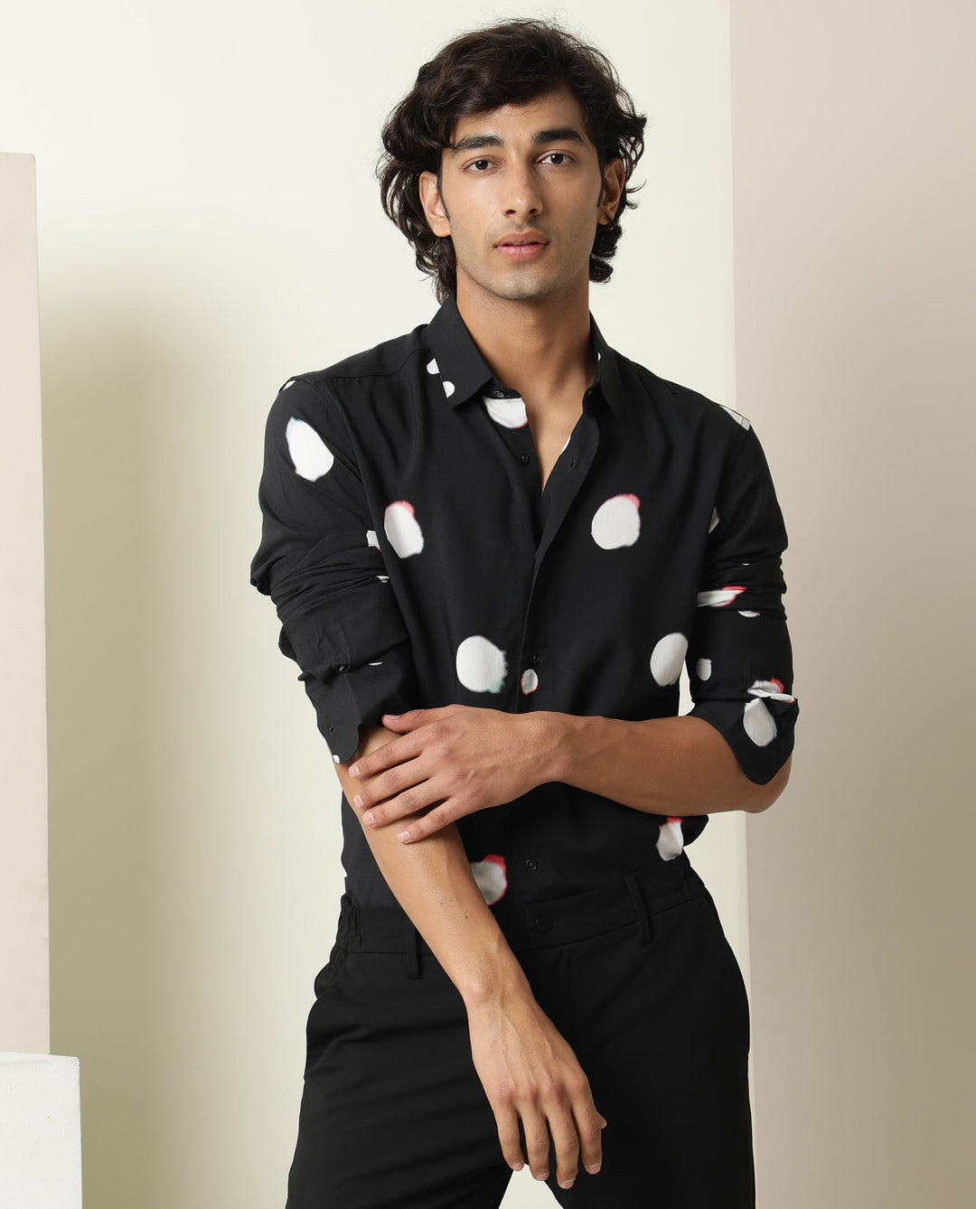 Rare Rabbit Men's Jive Black Viscose Fabric Polka Print Full Sleeves Shirt