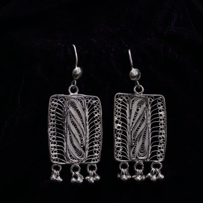 Rectangular Silver Filigree With Beads Earring