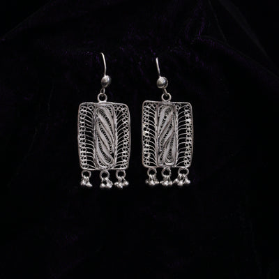 Rectangular Silver Filigree With Beads Earring