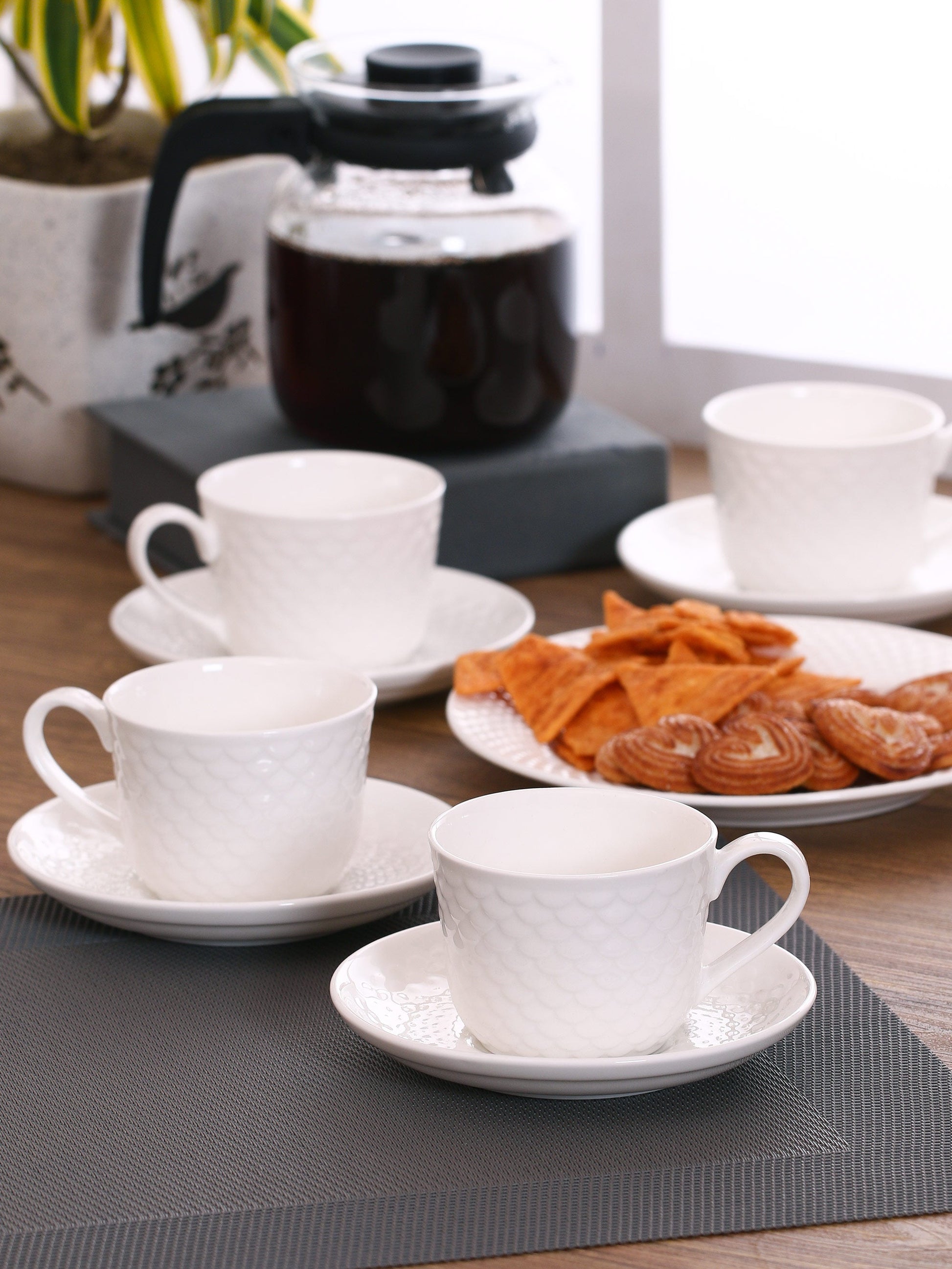Clay Craft Basic Cup & Saucer Ripple Big, Set of 12 (6 Cups + 6 Saucers), Plain White
