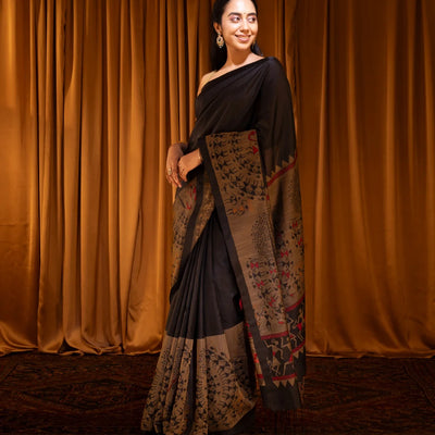 Black Handloom Soft Silk Saree With Tribal Motifs-Black