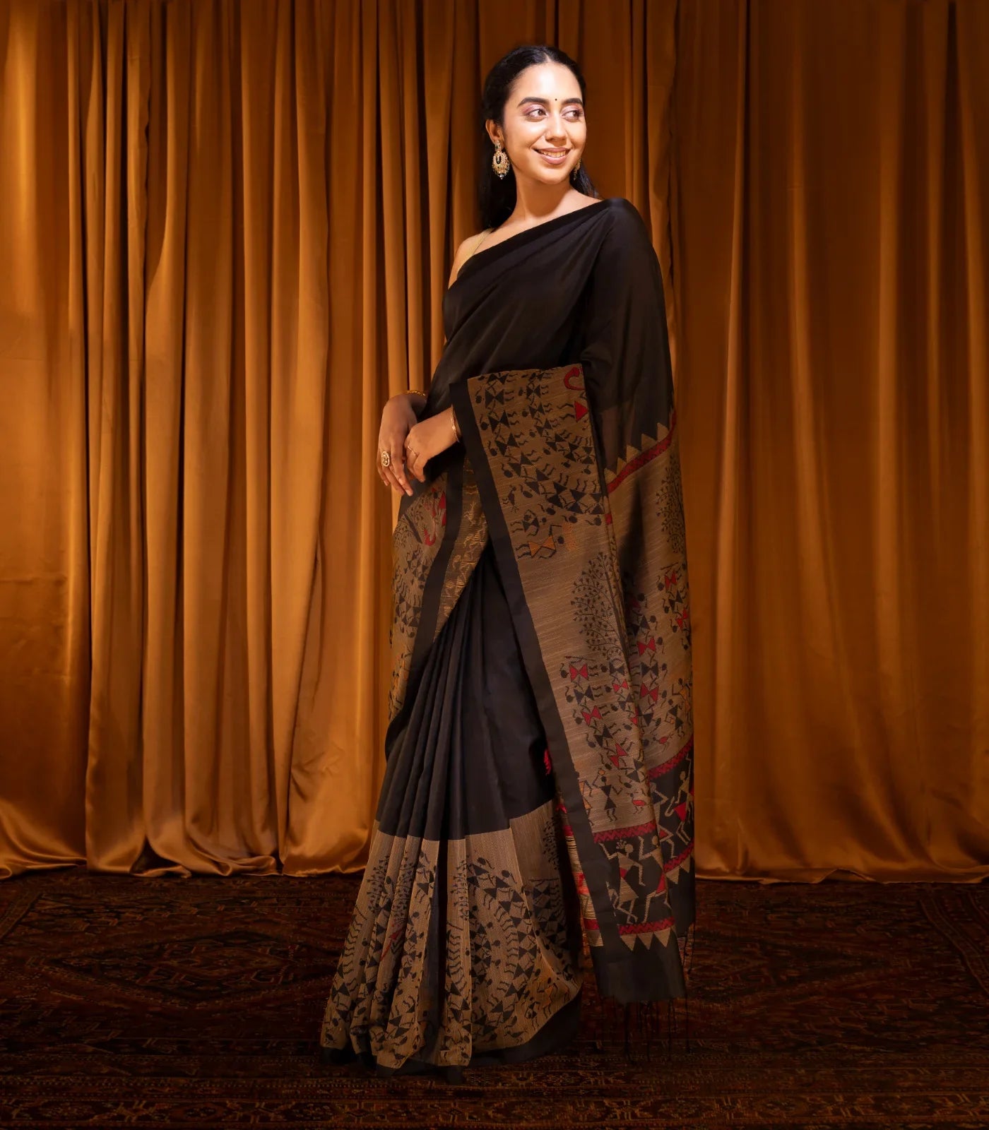 Black Handloom Soft Silk Saree With Tribal Motifs-Black