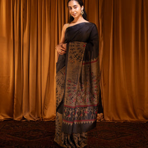 Black Handloom Soft Silk Saree With Tribal Motifs-Black