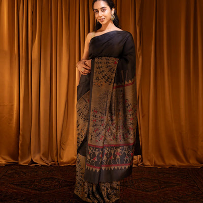 Black Handloom Soft Silk Saree With Tribal Motifs-Black