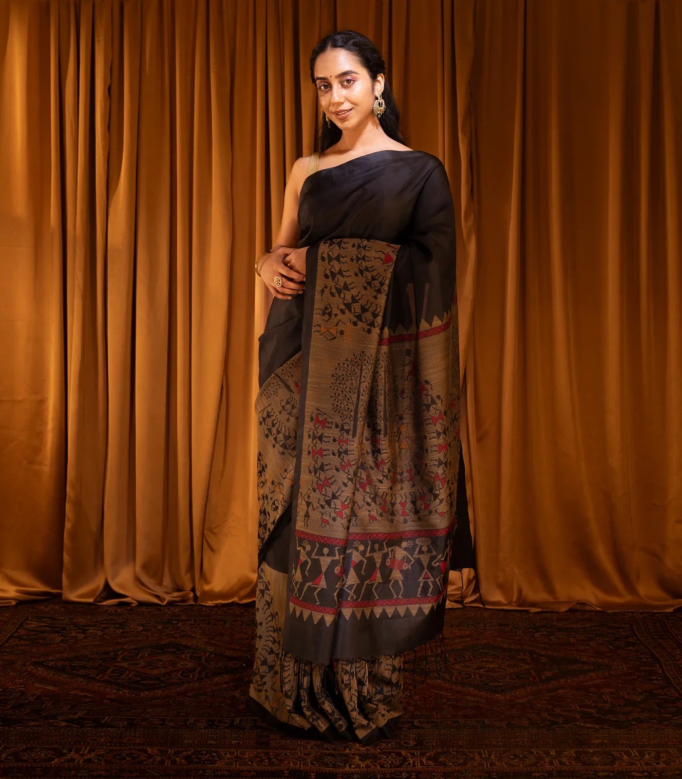 Black Handloom Soft Silk Saree With Tribal Motifs-Black