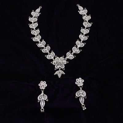 Designer Silver Filigree Necklace With Earring Set