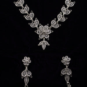 Designer Silver Filigree Necklace With Earring Set