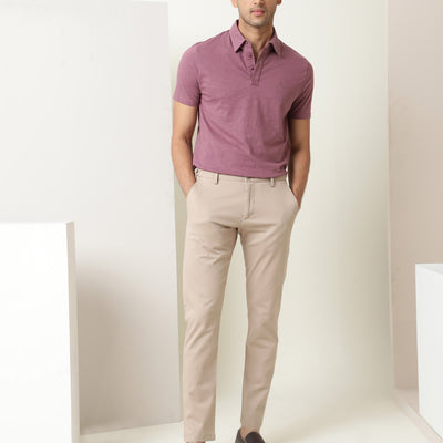 Rare Rabbit Men's Trent Dark Pink Cotton Fabric Collared Neck Half Sleeves Textured Polo T-Shirt