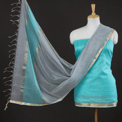 Blue - 2pc Handloom Silk Cotton Zari Work Suit Material Set