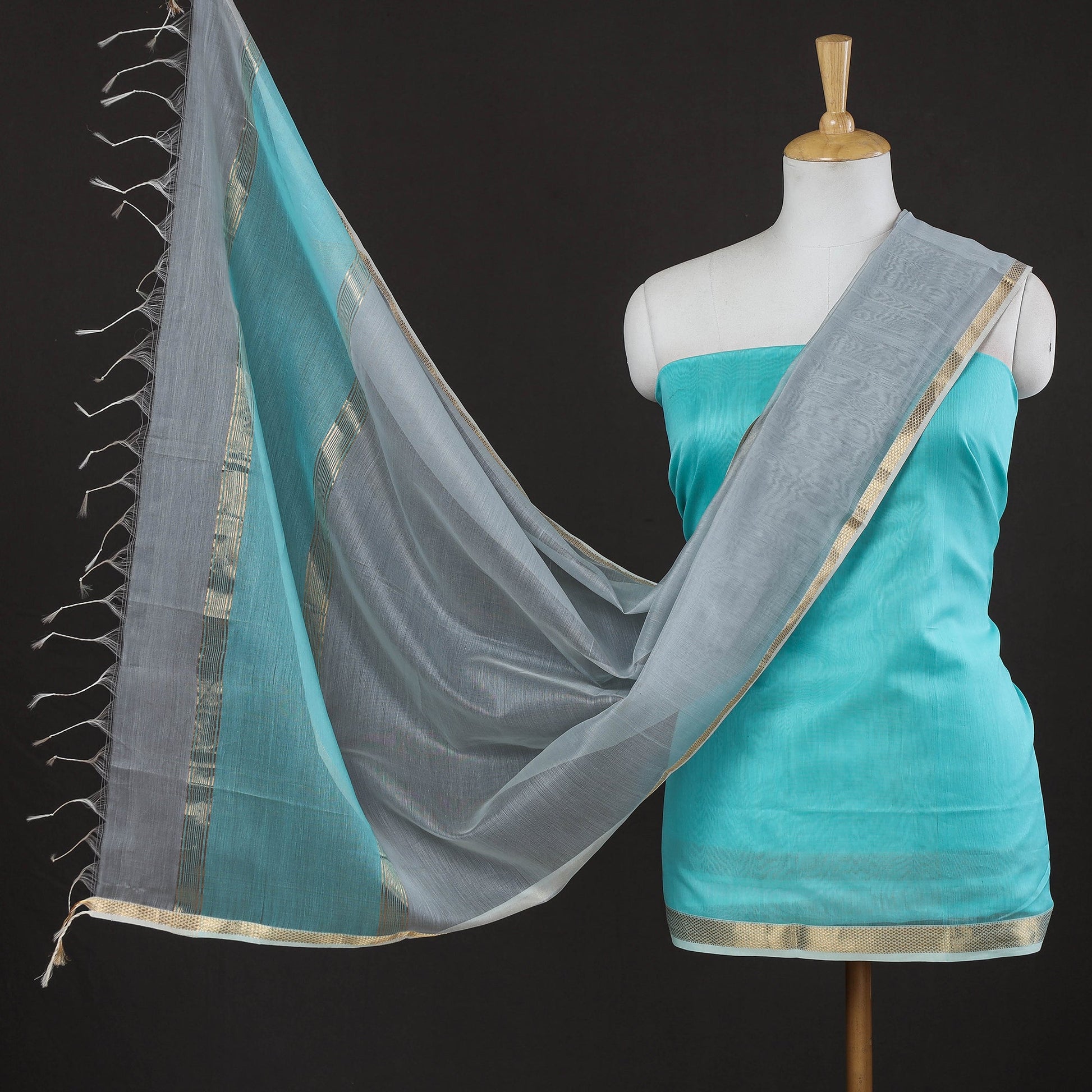 Blue - 2pc Handloom Silk Cotton Zari Work Suit Material Set