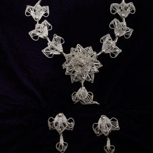 Floral Shape Silver Filigree Necklace With Earring Set