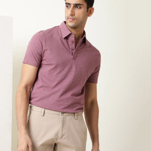 Rare Rabbit Men's Trent Dark Pink Cotton Fabric Collared Neck Half Sleeves Textured Polo T-Shirt