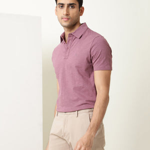 Rare Rabbit Men's Trent Dark Pink Cotton Fabric Collared Neck Half Sleeves Textured Polo T-Shirt