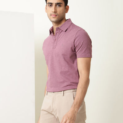 Rare Rabbit Men's Trent Dark Pink Cotton Fabric Collared Neck Half Sleeves Textured Polo T-Shirt