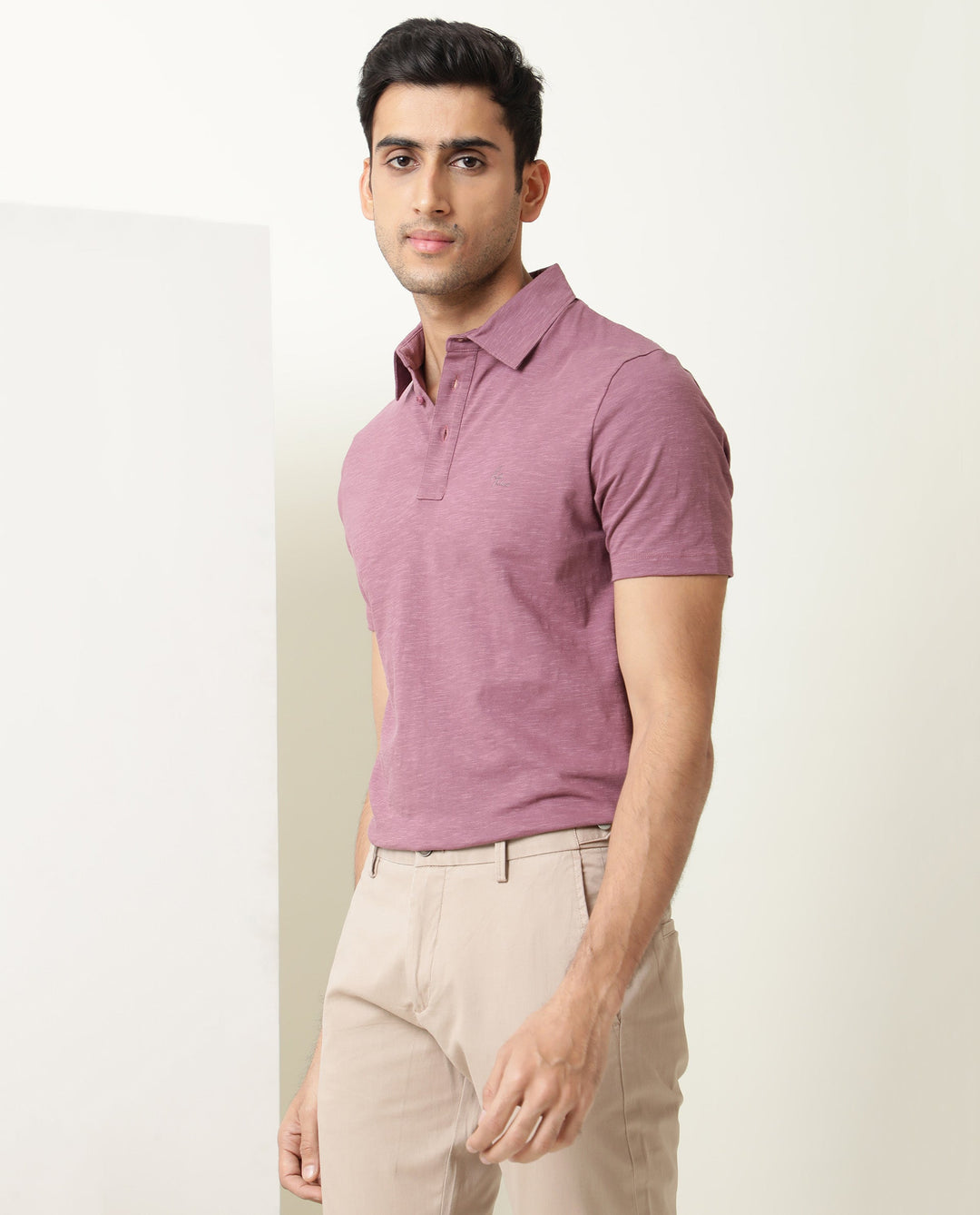 Rare Rabbit Men's Trent Dark Pink Cotton Fabric Collared Neck Half Sleeves Textured Polo T-Shirt