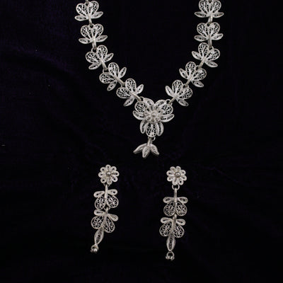 Pure Silver Filigree Necklace With Earrings Set