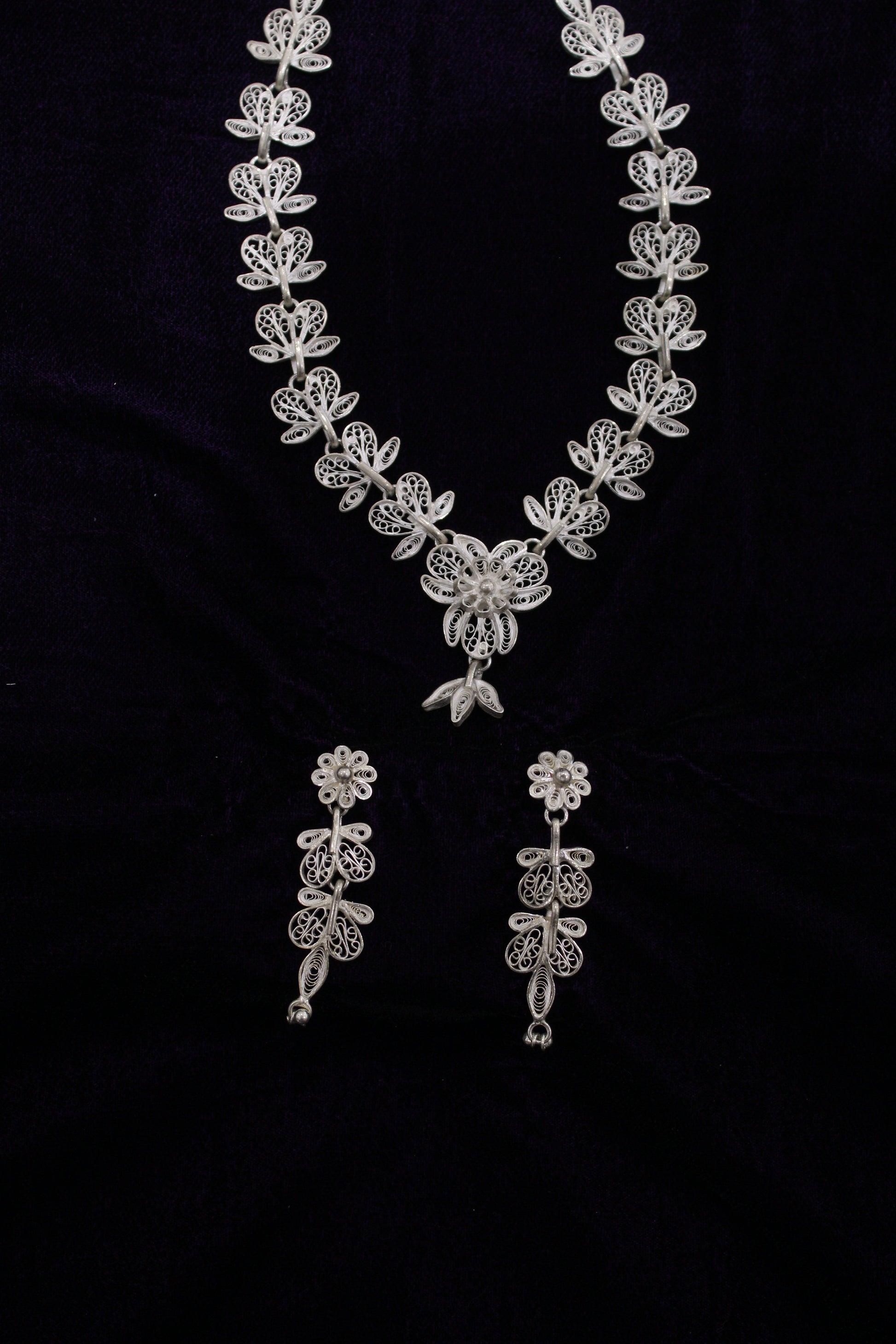 Pure Silver Filigree Necklace With Earrings Set