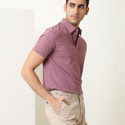Rare Rabbit Men's Trent Dark Pink Cotton Fabric Collared Neck Half Sleeves Textured Polo T-Shirt