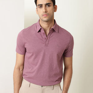 Rare Rabbit Men's Trent Dark Pink Cotton Fabric Collared Neck Half Sleeves Textured Polo T-Shirt