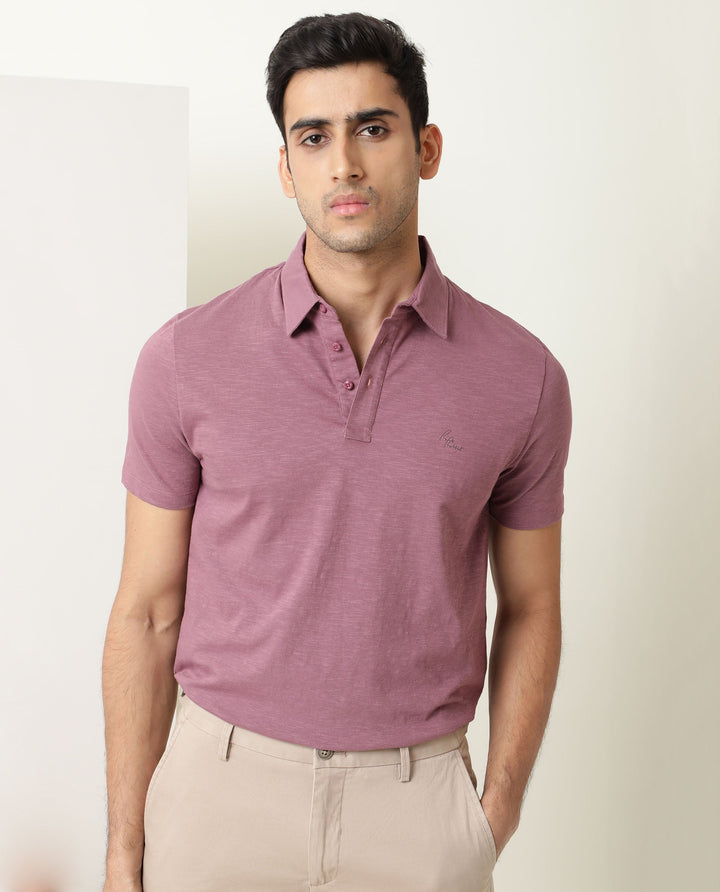 Rare Rabbit Men's Trent Dark Pink Cotton Fabric Collared Neck Half Sleeves Textured Polo T-Shirt