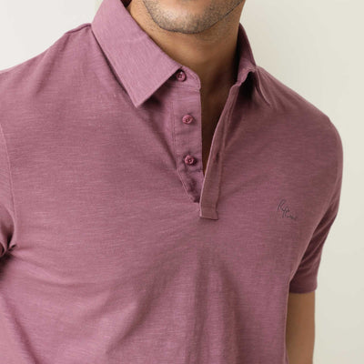Rare Rabbit Men's Trent Dark Pink Cotton Fabric Collared Neck Half Sleeves Textured Polo T-Shirt