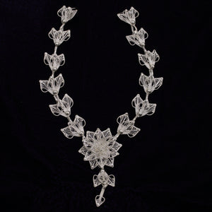 Silver Filigree Floral Necklace With Earring Set