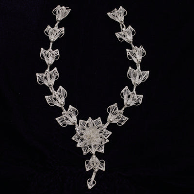 Silver Filigree Floral Necklace With Earring Set