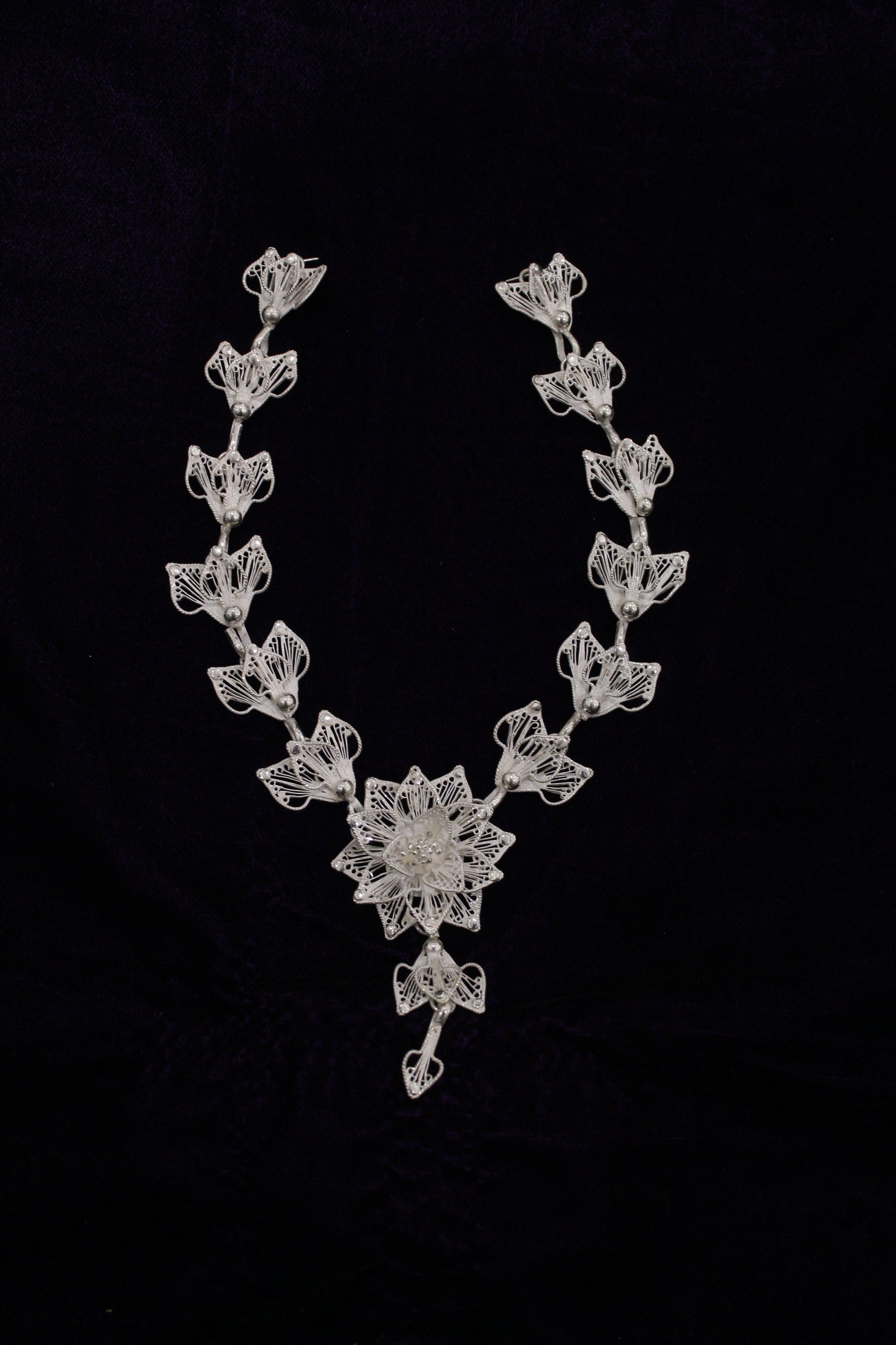 Exclusive Floral Silver Filigree Necklace With Earring Set