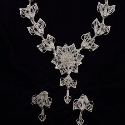Silver Filigree Floral Necklace With Earring Set