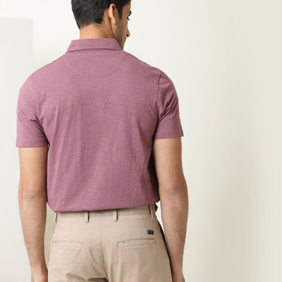 Rare Rabbit Men's Trent Dark Pink Cotton Fabric Collared Neck Half Sleeves Textured Polo T-Shirt